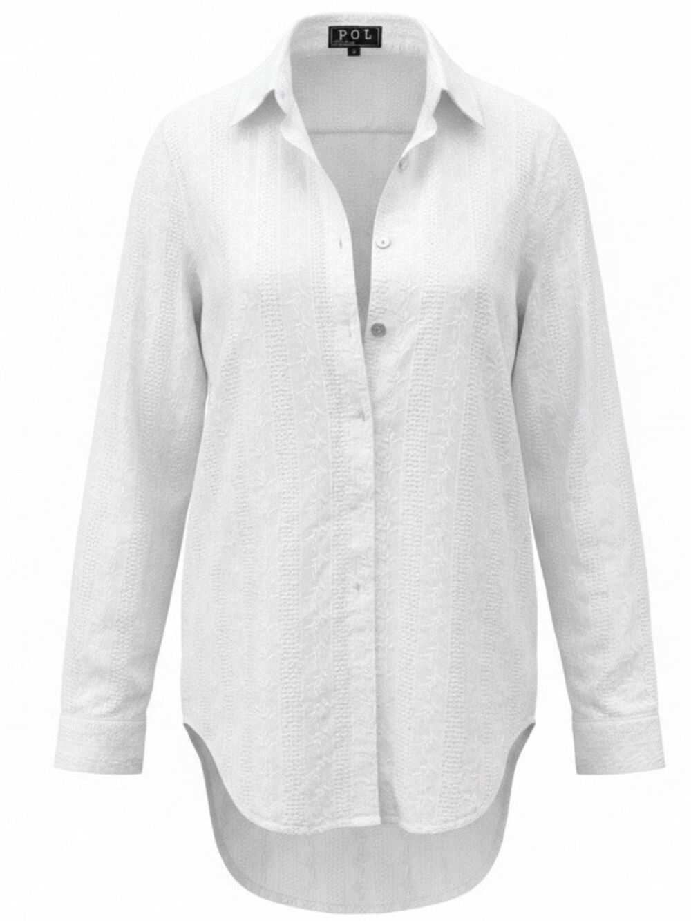 POL White Embroidered Eyelet Button Front Shirt Hi Low Hem Small NWOT Sample
